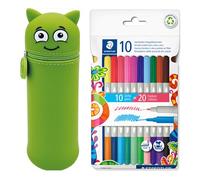MARKY Federmäppchen im Emoji-Design in Grün, weiches und strapazierfähiges Silikon, inkl. 10 STAEDTLER Doppelfasermaler Twin Color, Zwei Spitzen mit Zwei Farben, Linienbreiten 3 mm und 1 mm
