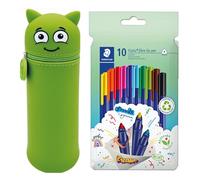 MARKY Federmäppchen im Emoji-Design in Grün, weiches und strapazierfähiges Silikon, inkl. 10 STAEDTLER triplus Color Filzstifte 323, dreikant, eindrucksichere Spitze, ca. 1 mm, 97% Rezyklat