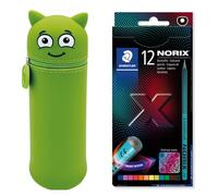 MARKY Federmäppchen im Emoji-Design in Grün, weiches und strapazierfähiges Silikon, inkl. 12 STAEDTLER Buntstifte NORIX 186, einzigartige Form, Made Form Upcycled Wood