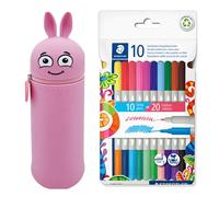 MARKY Federmäppchen im Emoji-Design in Rosa, weiches und strapazierfähiges Silikon, inkl. 10 STAEDTLER Doppelfasermaler twin color, zwei Spitzen mit zwei Farben, Linienbreiten 3 mm und 1 mm