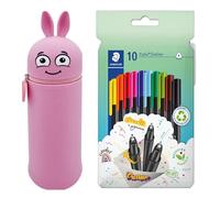 MARKY Federmäppchen im Emoji-Design in Rosa, weiches und strapazierfähiges Silikon, inkl. 10 STAEDTLER triplus Fineliner 334, dreikant, superfeine Spitze, ca. 0.3 mm, aus 97% Rezyklat