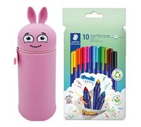 MARKY Federmäppchen im Emoji-Design in Rosa, weiches und strapazierfähiges Silikon, inkl. 10 STAEDTLER triplus Color Filzstifte 323, dreikant, eindrucksichere Spitze, ca. 1 mm, 97% Rezyklat