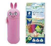 MARKY Federmäppchen im Emoji-Design in Rosa, weiches und strapazierfähiges Silikon, inkl. 12 STAEDTLER Buntstifte Noris colour 187, ergonomisches Dreikantformat, Made form Upcycled Wood