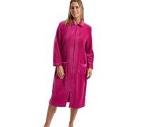 Marlon Ramona Bequemer Fleece-Morgenmantel für Damen in Korallenrot - Weicher und warmer Morgenmantel mit Knopf- oder Reißverschluss, Kragen und Taschen, Himbeere mit Reißverschluss, 40-42