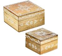 Marrakesch 2er Set Aufbewahrungsbox mit Deckel aus Holz 15 & 10cm groß | Boho Deko Schmuckkästchen Hajdar -2- zur Schmuckaufbewahrung | Massive Holzbox Ideal als Geschenkbox Geschenke für Frauen