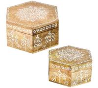 Marrakesch 2er Set Aufbewahrungsbox mit Deckel aus Holz 15 & 10cm groß | Boho Deko Schmuckkästchen Hajdar -3- zur Schmuckaufbewahrung | Massive Holzbox Ideal als Geschenkbox Geschenke für Frauen