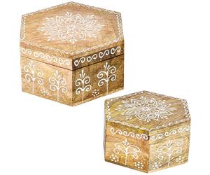 Marrakesch 2er Set Aufbewahrungsbox mit Deckel aus Holz 15 & 10cm groß | Boho Deko Schmuckkästchen Hajdar -3- zur Schmuckaufbewahrung | Massive Holzbox Ideal als Geschenkbox Geschenke für Frauen