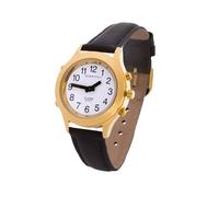Marschall Sprechende Damen Armbanduhr I D-GL I Für Blinde, Senioren und Demenzkranke I Komplette Datumsansage I Extra große Zeiger I Goldfarben mit Lederarmband