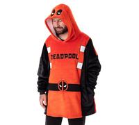 Marvel Deadpool Unisex tragbarer Decken-Hoodie | Pullover fur Erwachsene in Rot und Schwarz mit Deadpool-Maskenaugen auf der Kapuze