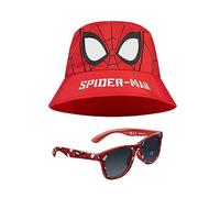 Marvel Fischerhut und Kinder Sonnenbrille Set für Jungen Avengers Sonnenhut 100% UV Kindersonnenbrille Spiderman Hut Jungen - Ideal für Urlaub Sommer Zubehör Geschenke (Rot Spiderman)