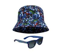 Marvel Fischerhut und Kinder Sonnenbrille Set für Jungen Avengers Sonnenhut 100% UV Kindersonnenbrille Spiderman Hut Jungen - Ideal für Urlaub Sommer Zubehör Geschenke (Blau Avengers)
