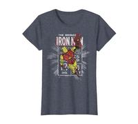 Marvel Iron Man Comic-Stempel im Retro-Look, Fliegende Pose T-Shirt, Damen, Blau Meliert, S