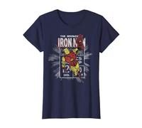 Marvel Iron Man Comic-Stempel im Retro-Look, Fliegende Pose T-Shirt, Damen, Marineblau, S