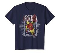 Marvel Iron Man Comic-Stempel im Retro-Look, Fliegende Pose T-Shirt, Kinder, Marineblau, 140