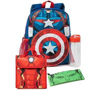 Marvel Jungen Rucksack | Captain America 4-teiliges Schulranzen-Set mit Lunchtasche, Federmäppchen, Trinkflasche | Avengers Merch | Mehrere Fächer für Schule und Spiel | Strapazierfähiges Material