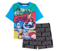 Marvel Press Avengers Kurzpyjama für Jungen, Shortie Schlafanzug-Set, Kinder T-Shirt + Shorts, Superhelden-Nachtwäsche, Blau, 110