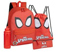 Marvel Schulrucksack Set mit Rucksack Kinder, Turnbeutel, Federmäppchen Jungen, Trinkflasche 470 ml & Keyring - Schul Sachen (Rot Spiderman)