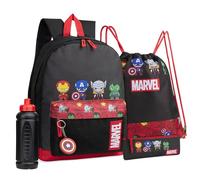 Marvel Schulrucksack Set mit Rucksack Kinder, Turnbeutel, Federmäppchen Jungen, Trinkflasche 470 ml & Keyring - Schul Sachen (Schwarz/Rot Avengers)