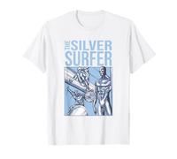 Marvel Silver Surfer Homage T-Shirt, Unisex, Weiß, Silber, S, V-Ausschnitt, Kurzarm, Klassisch, Comic, Fans von Marvel, Classic Style Lovers, Alle Altersgruppen