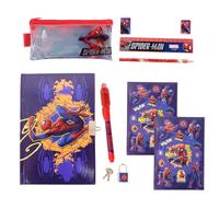 Marvel Spiderman Schreibwarenset, Inkl. Etui, Lineal, Bleistift, Kugelschreiber, Aufkleber, Radiergummi, Anspitzer, Notizbuch und Schloss mit Schlüsseln, Schreibwarenset für Kinder