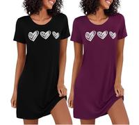 Marvmys 2er Nachthemd Damen Kurzarm Schlafshirt Baumwolle Printed Sleepshirt Sommer T-Shirt Schlafhemd Frauen Nachtwäsche Schlafkleid