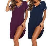 Marvmys 2per Damen Nachthemd Kurzarm Sommer Nachtkleid Bequem Atmungsaktive | Nachtkleid Leichtes Sleepshirt Bequeme Loungewear Hauskleid