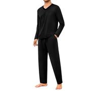 Marvmys Herren Schlafanzug Lang Baumwolle Schlafanzug Herren Winter Pyjamas Männer Zweiteilige V-Ausschnitt Nightwear Set mit Taschen S-4XL