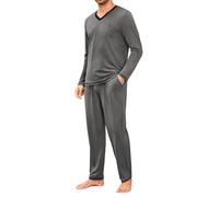 Marvmys Herren Schlafanzug Lang Pyjama Winter Pyjamas Männer Zweiteilige V-Ausschnitt Nightwear Set mit Taschen S-4XL