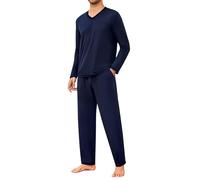 Marvmys Herren Schlafanzug Lang V-Ausschnitt Baumwolle Schlafanzug Herren Winter Pyjamas Männer Zweiteilige Nightwear Set mit Taschen S-4XL