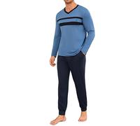 Marvmys Herren Schlafanzug Lang V-Ausschnitt Gestreifter Schlafanzüge Herren Baumwolle Winter Zweiteiliger Pyjamas Nightwear Set mit Taschen S-3XL