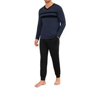 Marvmys Herren Schlafanzug Lang V-Ausschnitt Gestreifter Schlafanzüge Herren Baumwolle Winter Zweiteiliger Pyjamas Nightwear Set mit Taschen S-3XL