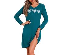 Marvmys Nachthemd Damen Baumwolle V-Ausschnitt Nachtwäsche Winter Schlafkleid Langärmeliges Nachthemden mit Printed Herzdruck S-4XL