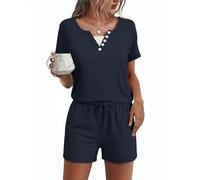Marvmys Schlafanzug Damen Kurz Baumwolle Sommer Pyjama Set Kurze Ärmel V-Ausschnitt mit Knöpfe Zweiteiliger Nachtwäsche Sleepwear Loungewear mit Shorts S-XXL