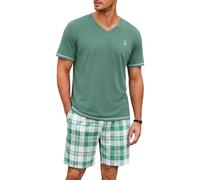 Marvmys Schlafanzug Herren Kurze Ärmel V-Ausschnitt Sommer Baumwolle Pyjama Set Schlafhose Karomuster Zweiteiliger Sleepwear Bequem S-3XL