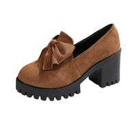 Mary Jane Damen Comfort Slip On Loafer mit Schleife Lackleder Klobiger Absatz Retro Schuhe Elegante Runde Zehenpartie Tanzschuhe Plateau rutschfeste Sohle Pumps