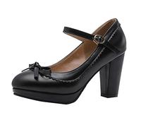 Mary Jane Damen Schuhe Blockabsatz High Heels Plateau Pumps mit Schleife Rockabilly Vintage Retro Geschlossen Schuhe (35,Schwarz)