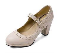 Mary Jane Oxford Pumps Oxfords mit Runde Spitze und Mittelhohem Absatz Abendschuhe Retro Plateau Rockabilly Schuh mit Knöchelriemen (Color : Beige, Size : 38 EU)