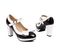 Mary Janes Pumps Damen Blockabsatz High Heels Mit Schleife Geschlossene Hohe Schuhe Plateau Absatzschuhe Knöchelriemen Schnalle,Schwarz,40