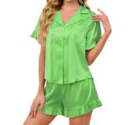 MARZXIN Satin Schlafanzug Damen Kurz Brautpyjama Pyjamas Frauen Seide Rüschen Nachtwäsche Zweiteiliger Pjs Sets