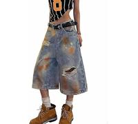 Maschinenwäsche Y2K Jorts Damen weites Bein Baggy Long Jean Shorts Loose Fit Grunge Bermuda Denim Hose(M)