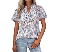MASCOMODA Boho-Arbeits-Blusen mit kurzen Ärmeln, Blumenmuster, für Damen, elegant, lässig, V-Ausschnitt, Puffärmel, lockere Chiffon-Bluse, Blumenmuster in Blau und Weiß, Groß