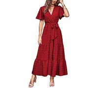 MASCOMODA Damen-Maxikleid im Boho-Stil, mit Schweizer Punkten, V-Ausschnitt, Flattern, kurze Ärmel, fester Bindegürtel, A-Linie, gestuftes, fließendes langes Kleid, Rot/Ausflug, einfarbig (Getaway