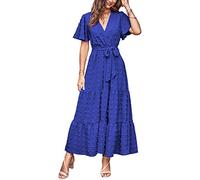 MASCOMODA Damen-Maxikleid im Boho-Stil, mit Schweizer Punkten, V-Ausschnitt, Flattern, kurze Ärmel, fester Bindegürtel, A-Linie, gestuftes, fließendes langes Kleid, Königsblau, X-Groß