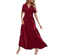 MASCOMODA Damen-Maxikleid im Boho-Stil, mit Schweizer Punkten, V-Ausschnitt, Flattern, kurze Ärmel, fester Bindegürtel, A-Linie, gestuftes, fließendes langes Kleid, S-Weinrot, Mittel