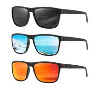 MASDUN Polarisierte Sonnenbrille für Damen und Herren, quadratisch, verspiegelte Gläser, UV-blockierend, 3 Stück, Schwarz / Rot / Blau