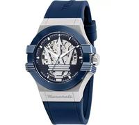 MASERATI Herrenuhr Potenza, 42 mm mit skelettiertem Zifferblatt & blauem Silikonband