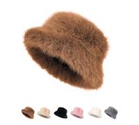 MASHANGGOU Women Winter Warm Fuzzy Fluffy Faux Fur Bucket Hat - Luxurious Furry Fisherman Cap Round Dome Soft Plush Hat for Fashionable Ladies Cold Weather Daily Wear (Khaki)