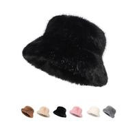 MASHANGGOU Women Winter Warm Fuzzy Fluffy Faux Fur Bucket Hat - Luxurious Furry Fisherman Cap Round Dome Soft Plush Hat for Fashionable Ladies Cold Weather Daily Wear (Black)