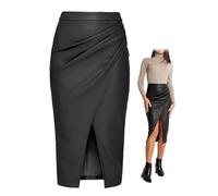 MASHANGGOU Women's Faux Leather Midi Skirt, High Waisted Ruched Wrap Skirts Sexy Front Slit Bodycon Skirts Stretch Midi Skirt Party Club Long Skirts (L,Black)