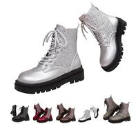 MASHANGGOU Women's Glitter Ankle Boots, Lace Up Chunky Platform Combat Booties with Side Zipper, Sparkly PU Leather Short Boots Fashion British Style Retro Round Toe Ankle Shoe (Silver,36)